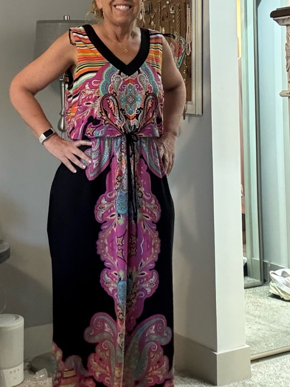 Soho Apparel Black V-Neck Maxi Dress with Multicolor Paisley Print